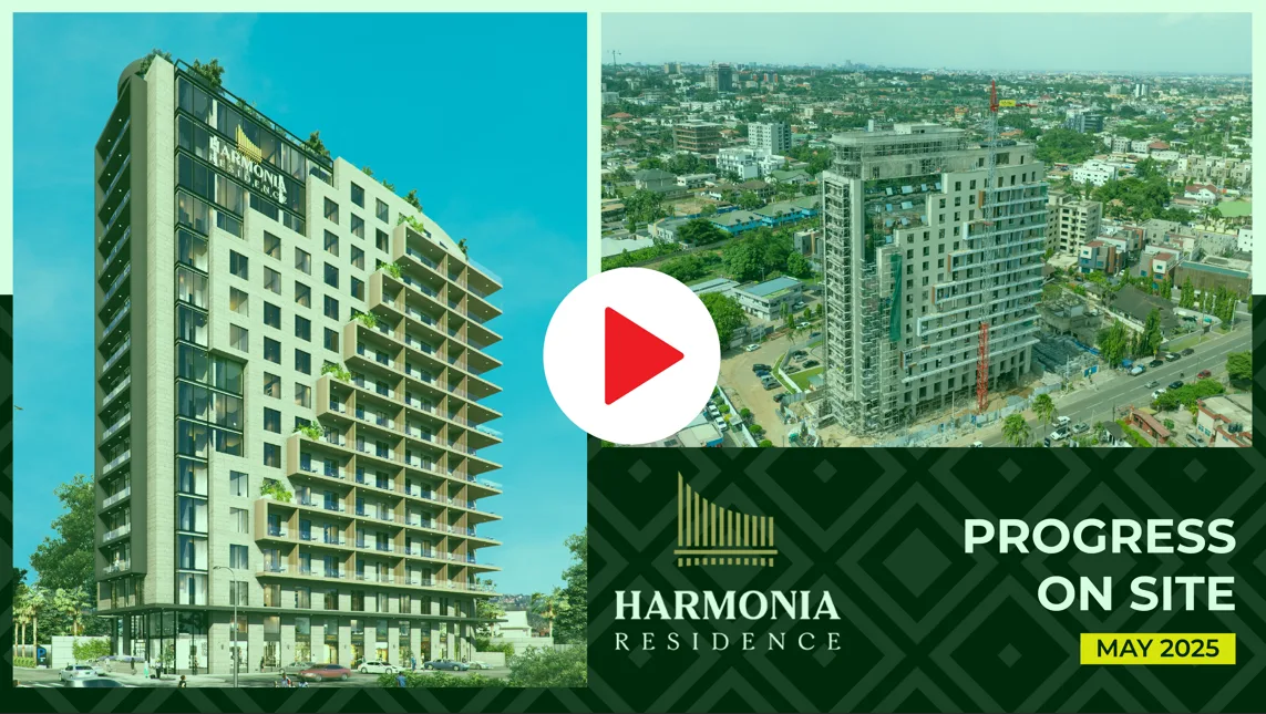 Promotional image for Harmonia Residence showing construction progress as of May 2025. The left side features a 3D render of a modern high-rise apartment building, while the right side displays an aerial photo of the actual building under construction. 