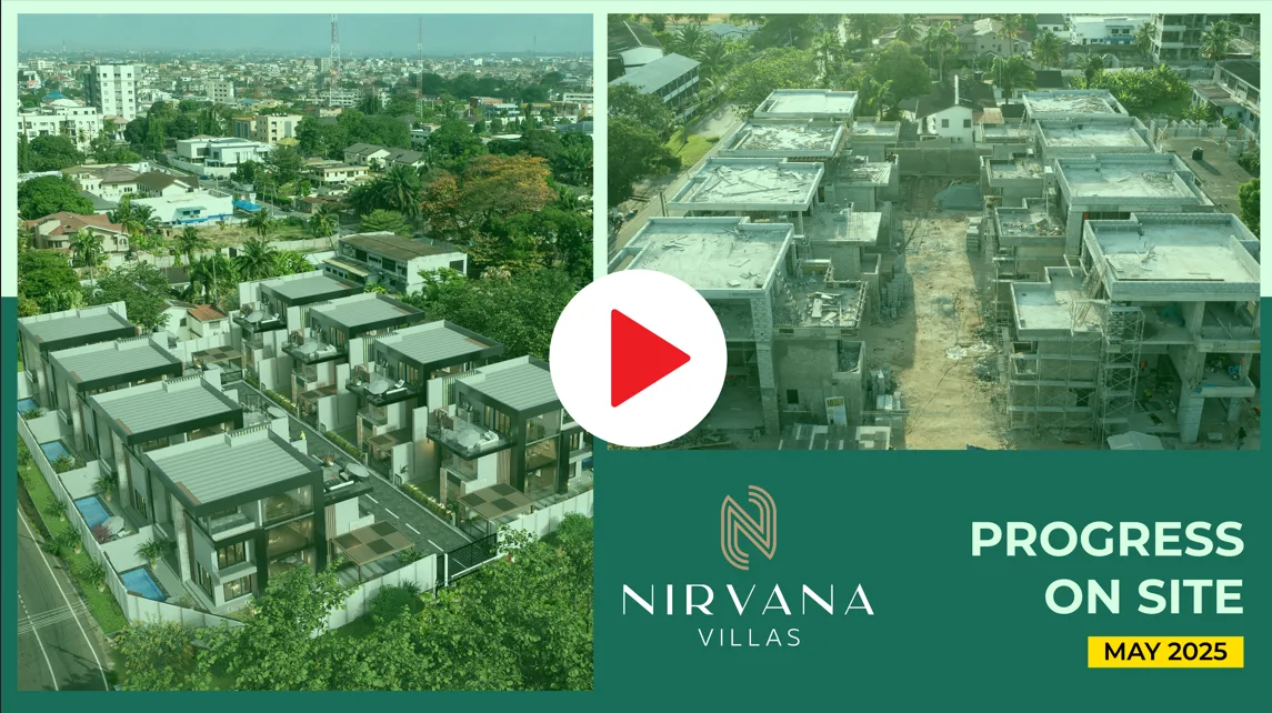 A promotional image for Nirvana Villas showing construction progress as of May 2025. The left side features a 3D render of the completed modern villa complex, while the right side shows an aerial photo of the ongoing construction on site. A play button is overlaid in the center, indicating a video. The bottom right corner displays the Nirvana Villas logo and the text 'Progress on Site – May 2025